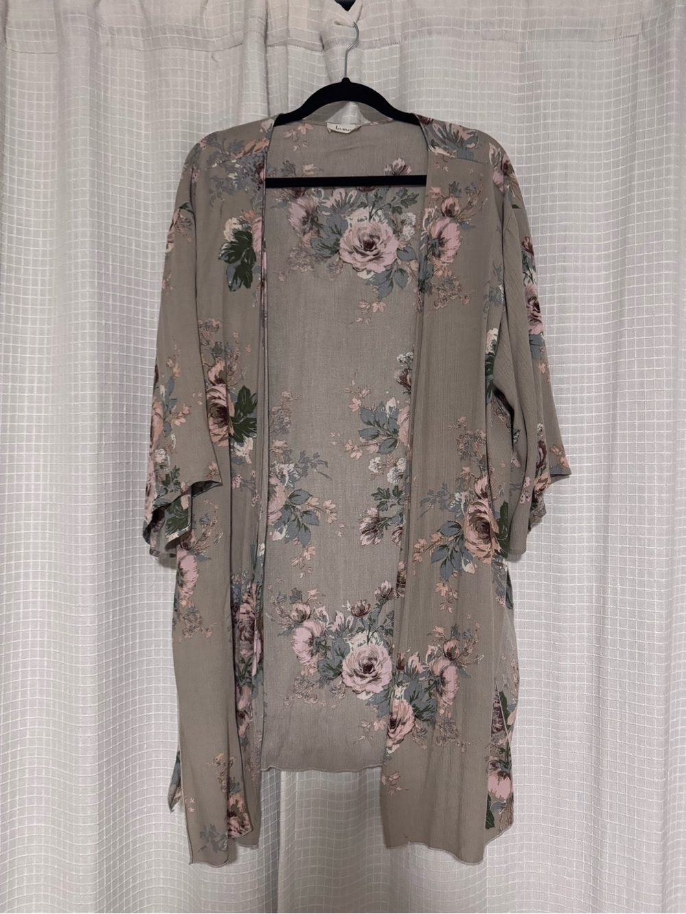 Floral Open-Front Kimono Jacket in Taupe with Pink Roses